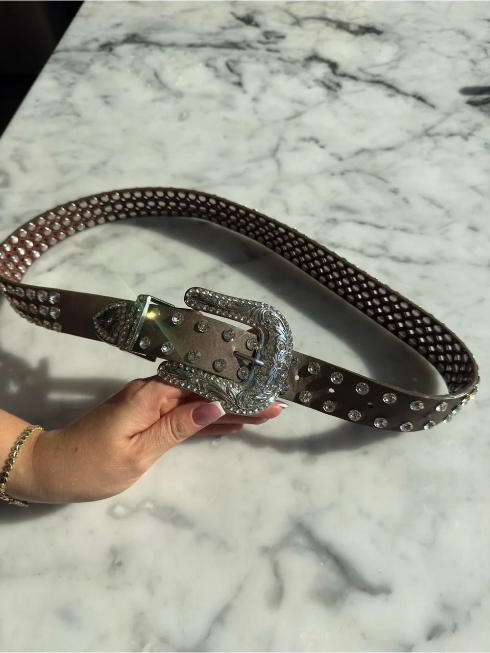 Women's Brown Leather Western Belt with Silver Crystal Buckle